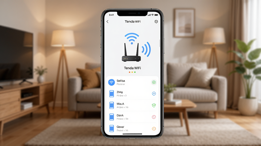 һ�������ֻ���Ļ��ʾ Tenda WiFi Ӧ�ý��棬��������·����ͼ����źŲ��ƣ���������ܰ�ļ�ͥ���������־��У��Ű��࣬����ִ��Ƽ��У�ϸ���� Wi-Fi �ź�ͼ����豸�б��������������ɾ����޶���Ԫ��