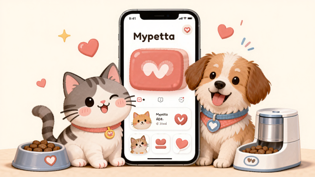 Mypetta Ӧ������ͼ������Ϊ�ɰ�è��͹���Χ�������ֻ�������Ϊǰ��������ֻ���Ļ��ʾMypetta���棬�Ű���ã������ܰ��ͨ��ϸ�ڰ�������ʳ�衢����ιʳ��������Ԫ�أ����ʸ��壬�ɾ����޶���Ԫ��