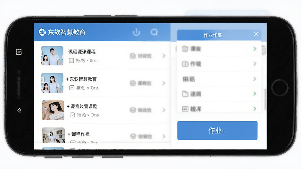 东软智慧教育 手机APP 作业提交界面 简洁风格 安卓手机屏幕 显示课程列表与作业按钮 干净 高清
