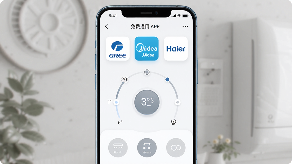 һ�������ֻ���Ļ��ʾ�յ�ң�����ͨ��APP���棬�������и��������ġ�����Ʒ��ͼ�꣬�����ֻ����У����ּ�࣬�Ű����������Ϊ�ִ��Ƽ��У�ϸ�ڰ����¶ȵ��ڰ�ť��ģʽ�л�ͼ�꣬���ʸ��壬�ɾ����޶���Ԫ��