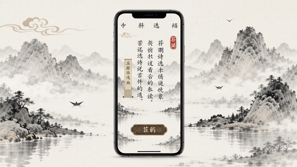 ��ʫѡӦ�ý���չʾ������Ϊ�ֻ���Ļ��ʾ��ʫ���Ķ�ҳ�棬����Ϊ����չʾ���Ű����������Ϊ����ŵ䣬ϸ�ڰ���ˮīɽˮ����������ʫ�����֡����Ӱ�ť�����ʸ��壬�ɾ����޶���Ԫ��