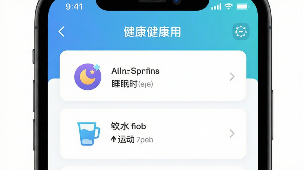 清夏健康应用界面展示,主体为手机屏幕中的健康数据记录页面,布局清晰,排版简洁,风格清新现代,细节包含睡眠时长、饮水杯数、运动步数图标,画质高清,干净,无多余元素