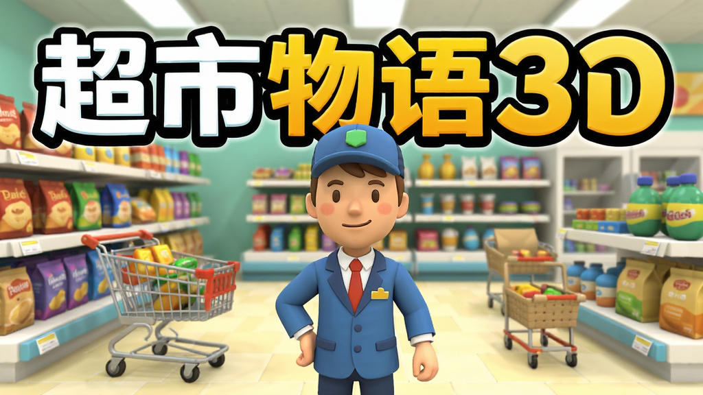 超市物语3D游戏宣传图,主体为超市经理角色站在货架前,布局采用三分法构图,排版突出游戏名称,风格3D卡通,细节有购物车和商品,画质高清,干净,无多余元素