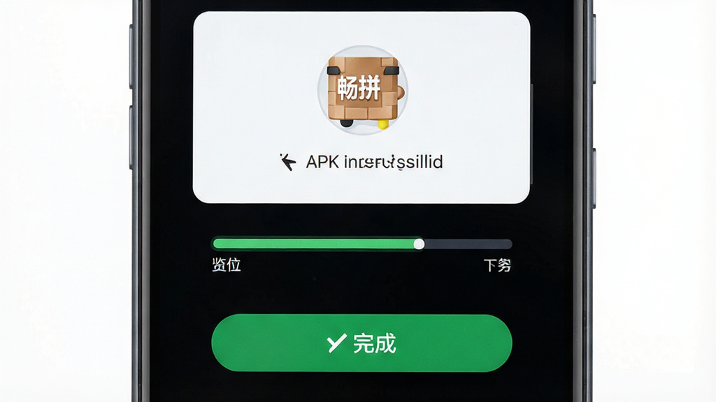 畅拼APP安装步骤示意图,手机屏幕显示APK安装界面,背景为干净的白色,画面中有安装进度条和完成按钮,风格简约清晰,高清画质