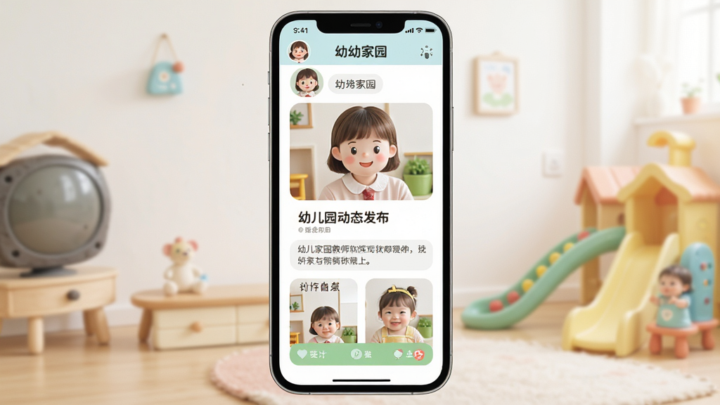 幼幼家园教师软件界面展示,主体为手机屏幕显示幼儿园动态发布页面,布局清晰,排版简洁,风格为清新卡通,细节包含老师头像、孩子照片和文字描述,画质清晰,干净,无多余元素