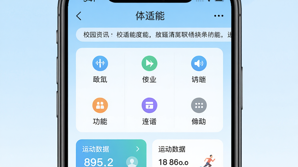 手机屏幕中显示“体适能”APP的首页界面,上方为校园资讯滚动栏,中部为功能图标九宫格,下方为运动数据卡片,背景为浅蓝色渐变,风格清新简洁,画质清晰,干净,无多余元素