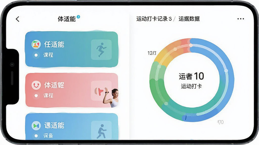 手机界面展示“体适能”APP的学习任务列表与运动打卡记录,左侧为课程卡片,右侧为运动数据环形图,整体布局对称,风格现代简约,画质清晰,干净,无多余元素