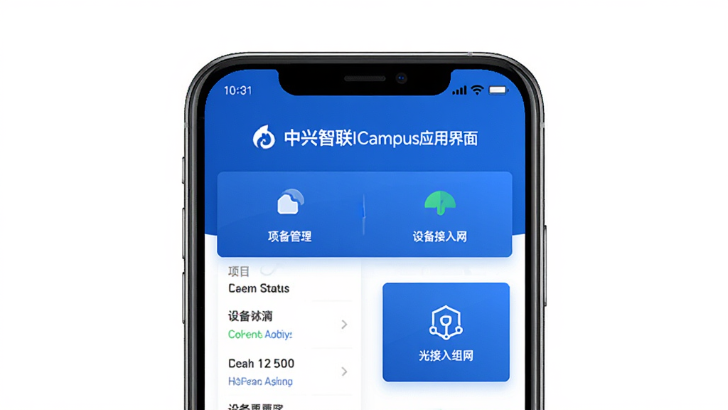 中兴智联ICampus应用界面展示,主体为手机屏幕显示网络管理仪表盘,布局为居中手机正视图,排版为上下结构上方标题下方功能图标,风格为科技商务蓝色调,细节包含项目列表、设备状态图标、光接入组网标识,画质高清干净无多余元素