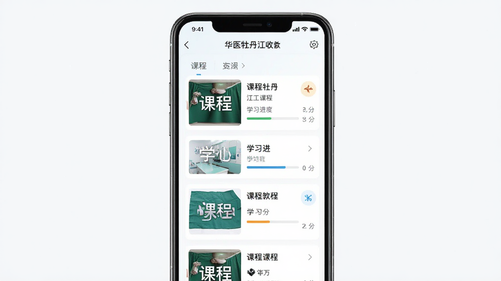 华医牡丹江医教软件界面展示,主体为手机屏幕显示医学课程列表,布局居中,排版简洁,风格为现代医疗教育类APP,细节包含课程缩略图、学分标识、学习进度条,画质清晰,干净,无多余元素