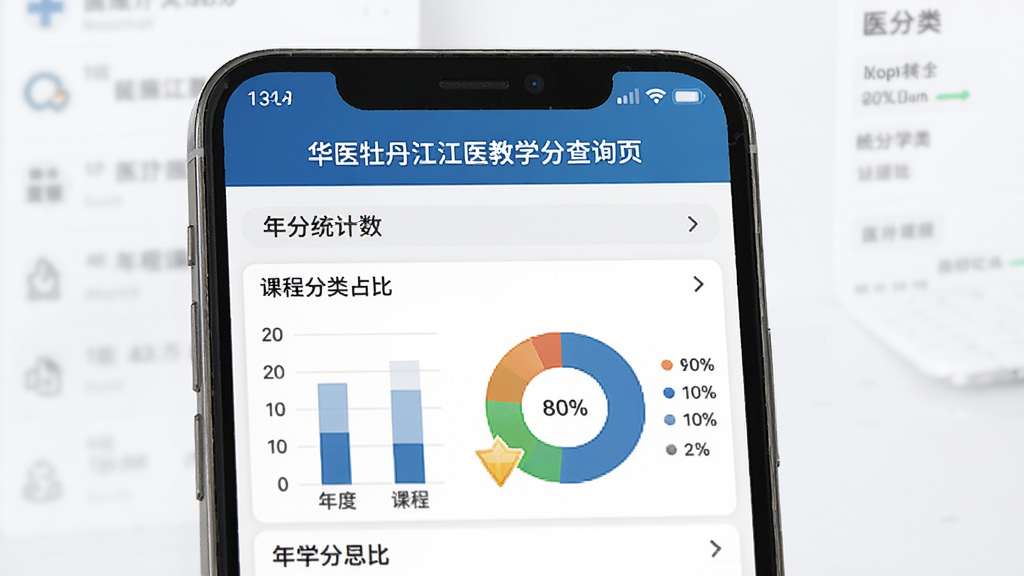 华医牡丹江医教学分查询页面,主体为手机展示学分统计图表,布局上下结构,排版清晰,风格为商务医疗风,细节包含年度学分总数、课程分类占比、达标状态标识,画质高清,干净,无多余元素