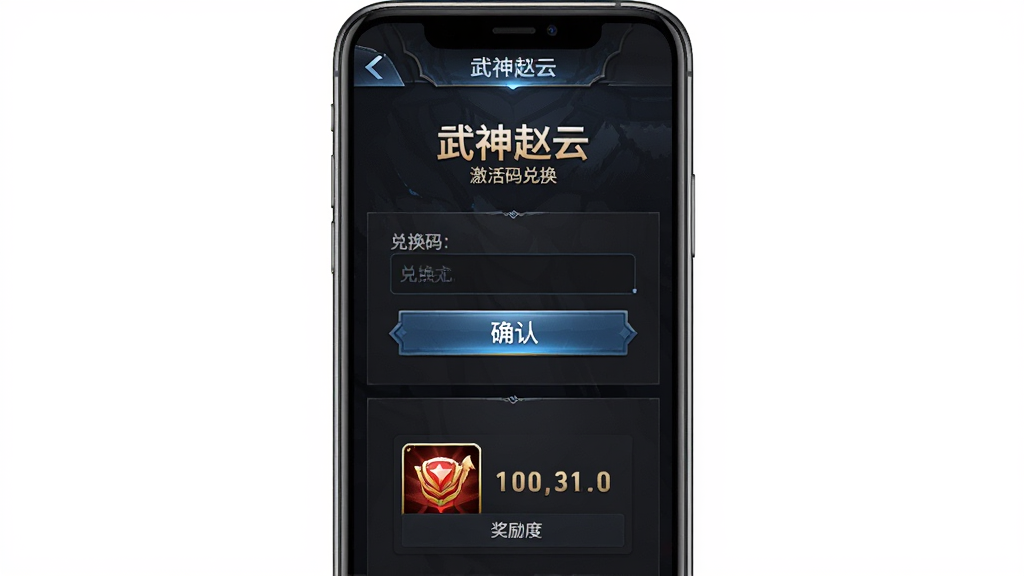 武神赵云激活码兑换界面,主体为手机屏幕显示兑换码输入框,布局为竖屏手游设置页面,排版简洁,风格为深色游戏UI,细节包括输入框、确认按钮、奖励预览图标,画质高清,干净,无多余元素