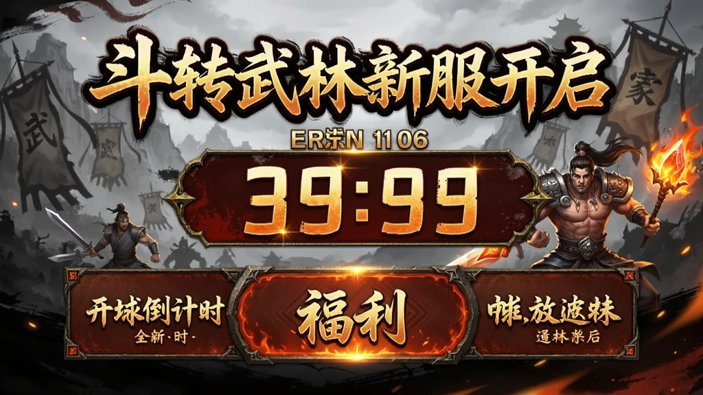 斗转武林新服开启宣传图,展示开服倒计时与福利内容,传奇游戏风格,画面热血,排版清晰,干净无多余元素