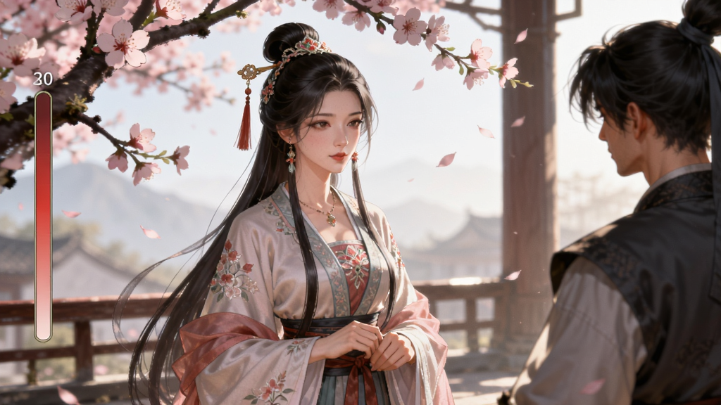 邪剑江湖风云录红颜知己互动场景,主体为古风女性角色与玩家角色对话,布局为横版画面,排版左侧显示好感度进度条,风格为唯美武侠插画,细节包括桃花树下、古装服饰、柔和光影,画质细腻,干净,无多余元素