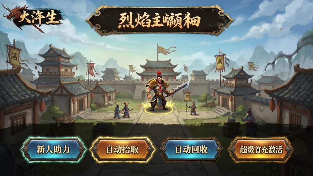 烈焰领主游戏内福利领取界面,展示新人助力、自动拾取、自动回收、超级首充激活按钮,界面风格为水浒传奇风,按钮高亮清晰,背景为主城场景,画质干净,无多余元素