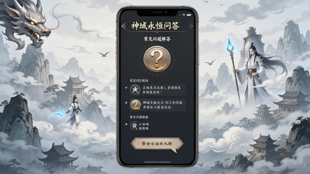 神域永恒游戏问答界面,手机屏幕上显示常见问题解答,仙侠风格背景,有问号和对话框元素,界面简洁,文字清晰,画质干净,无多余元素