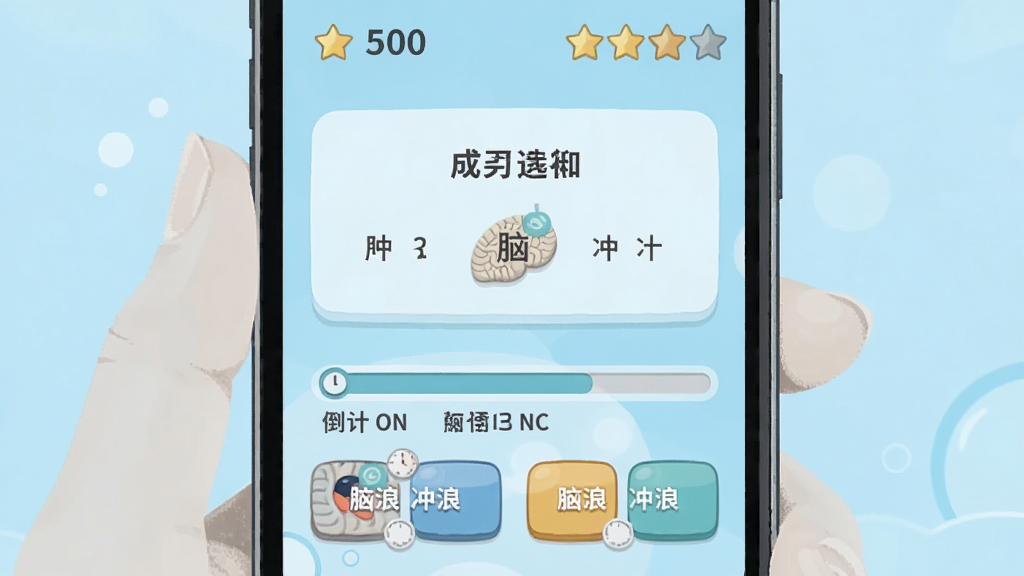 手机屏幕显示脑力冲浪答题界面,中央是成语选择题,下方有倒计时进度条和四个选项按钮,顶部显示积分和星级,背景清爽浅蓝色,扁平化设计风格,细节精致,画质清晰,干净无多余元素