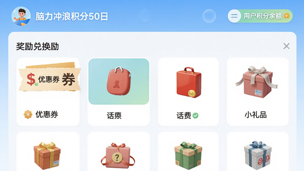 脑力冲浪积分商城页面展示,顶部显示用户积分余额,下方是奖励兑换列表,包括优惠券、话费、小礼品等,界面采用卡片式布局,清新浅色风格,画质清晰,干净无多余元素