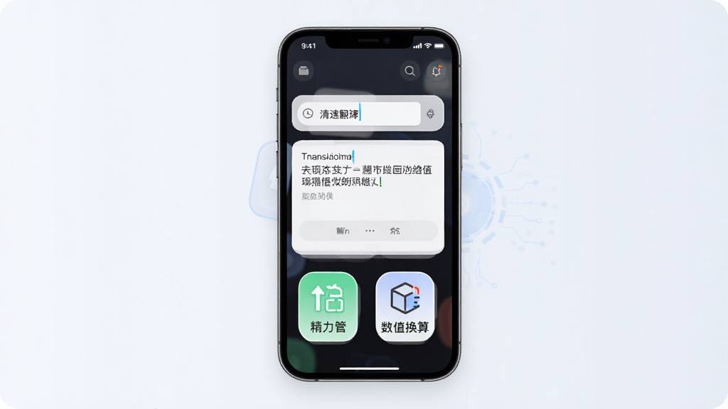 清速翻译助手软件界面展示,手机屏幕中央显示翻译输入框和译文结果,下方排列精力管理和数值换算图标,主体为手机正面视图,布局简洁清晰,排版上下结构,风格为现代扁平化科技风,细节包括圆角图标和浅色背景,画质高清干净无多余元素
