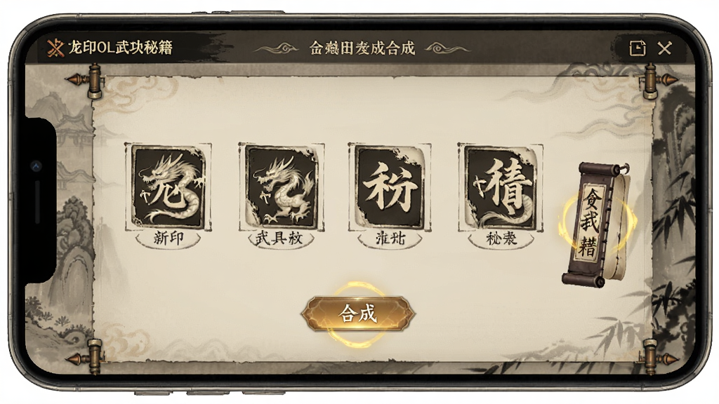 ��ӡOL�书�ؼ��ϳɽ��棬����Ϊ�ֻ���Ļ��չʾ�书�ؼ��ϳ���壬����Ϊ�������У��Ű����룬���Ϊ�����ŷ磬ϸ�ڰ����ؼ�ͼ�ꡢ�ϳɰ�ť����Ч�����ʸ��壬�ɾ����޶���Ԫ��