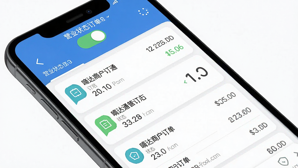 手机屏幕显示嘀达商户通订单管理界面,列表清晰展示多笔订单状态,顶部有营业状态开关,界面简洁现代,扁平化设计风格,干净无多余元素,高清画质