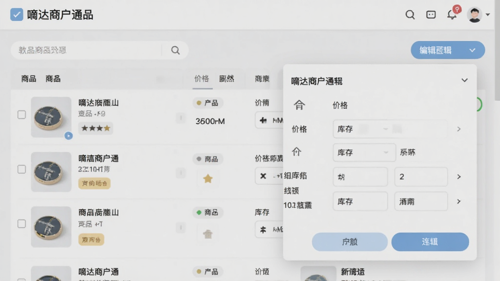 嘀达商户通商品管理页面截图,展示商品列表和编辑弹窗,包含价格库存字段,界面清爽,配色柔和,布局规整,高清无杂乱元素