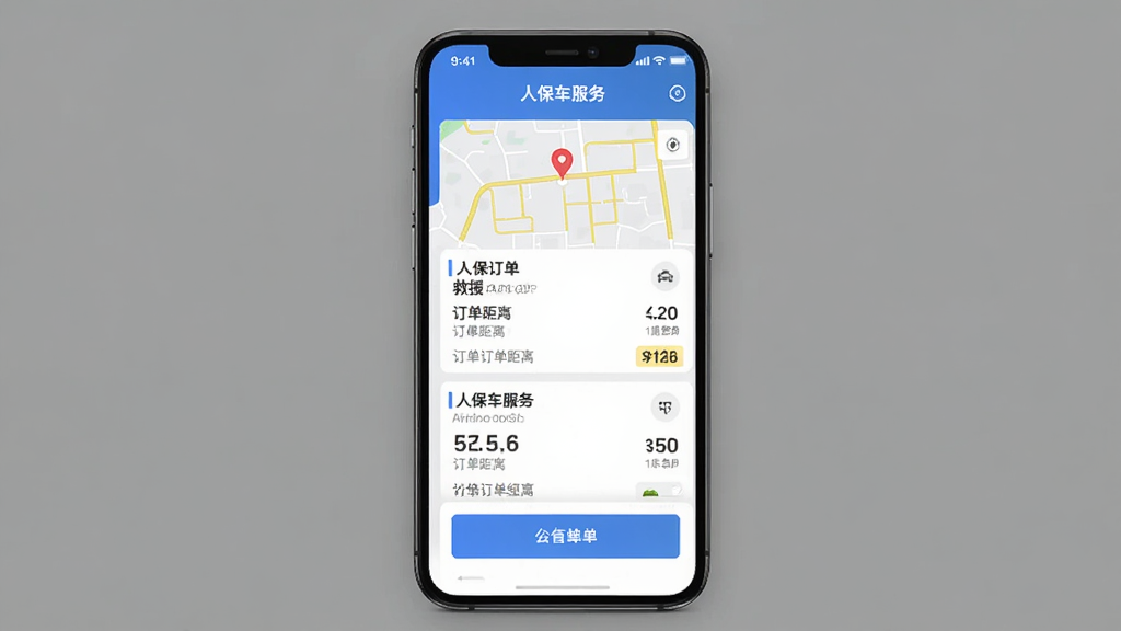 人保车服务APP界面截图,主体为手机屏幕显示救援订单列表和抢单按钮,布局为竖屏居中展示,排版简洁明了,风格为现代科技感UI设计,细节包含地图定位图标、订单距离和价格标签,画质高清,干净无多余元素