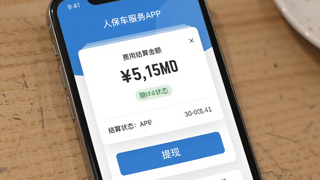 人保车服务APP费用结算页面,主体为手机屏幕显示结算金额和提现按钮,布局为卡片式信息展示,排版清晰有层次,风格为扁平化商务设计,细节包含金额数字、结算状态标签和时间戳,画质高清,干净无多余元素