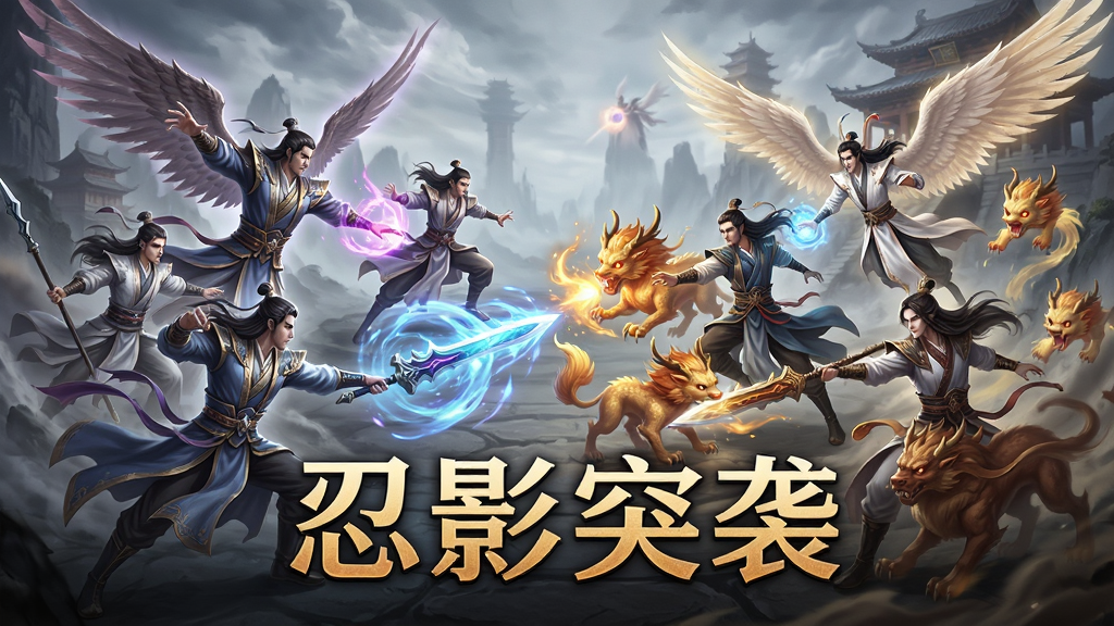 忍影突袭游戏宣传图,主体为多位修仙者集结对战,布局为群像式构图,排版为游戏海报风格,风格为东方神话史诗感,细节包括华丽技能特效、神宠助战、仙翼展开,画质为8K超清,干净,无多余元素