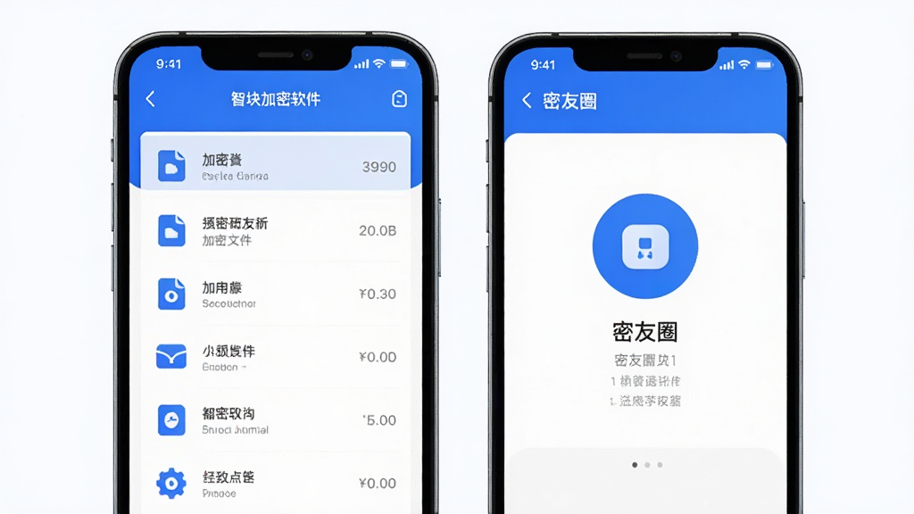 智块加密软件界面展示,手机屏幕显示加密文件列表和密友圈功能,蓝色科技风格,布局清晰,排版整洁,画质高清,干净无多余元素