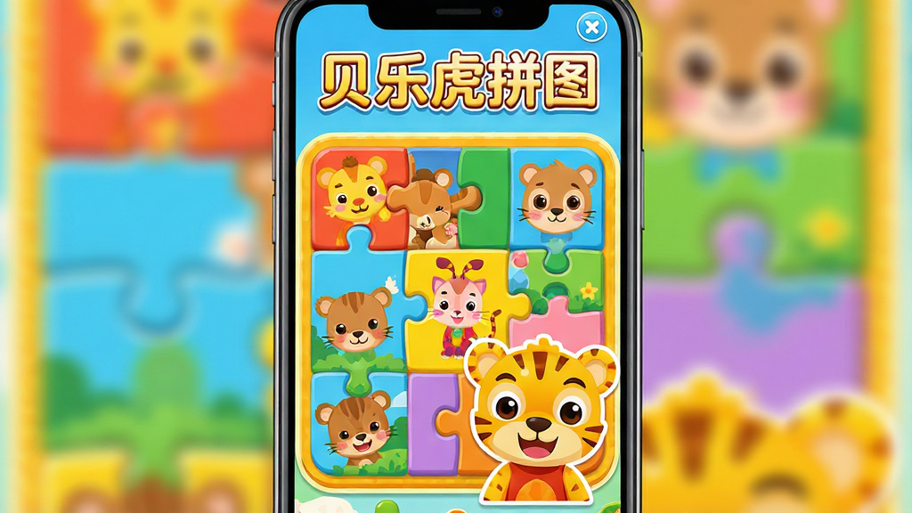 ���ֻ�ƴͼAPP����չʾ������Ϊ��ͨ����ƴͼ��Ϸ���棬����Ϊ�ֻ���Ļ����չʾ���Ű��Ϸ�Ϊ���⡰���ֻ�ƴͼ�����м�Ϊ��ɫƴͼ��Ƭ�Ϳɰ�С����ͼ�������Ϊ��ͯ��̿�ͨ���ϸ�ڰ���������ɫ�ʡ�Բ���ƴͼ��Ե���ɰ��ı��ֻ���ɫ���󣬻����������ɾ����޶���Ԫ��