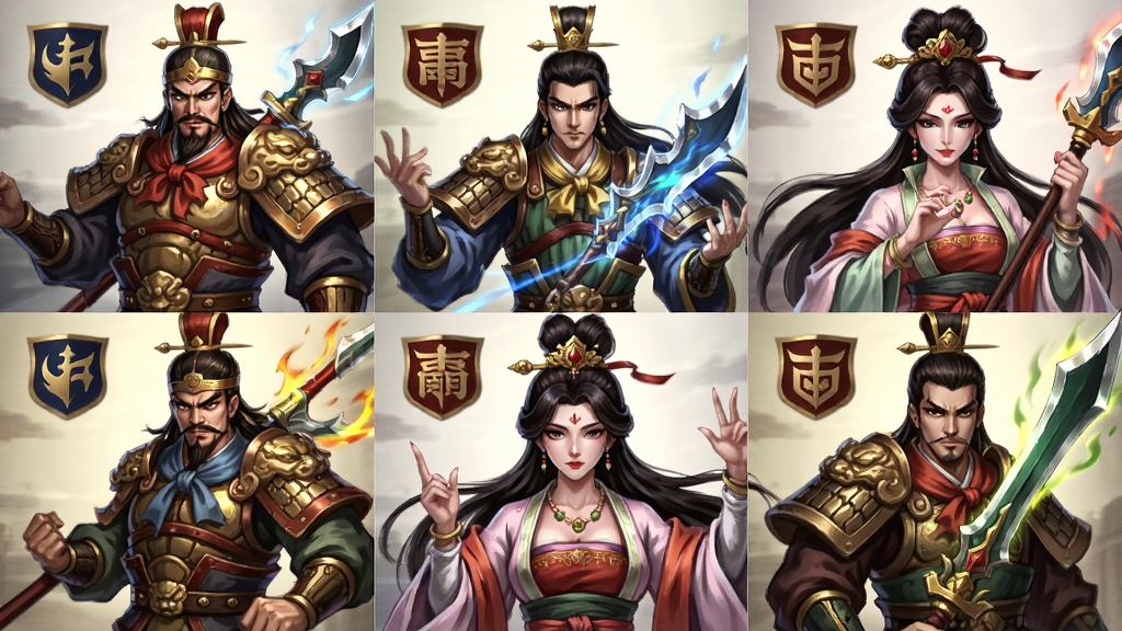 三国志战歌-国漫风三国 游戏角色立绘展示,主体为多位国漫风格三国武将和美人角色,布局为九宫格排列,画面绚丽特效,风格为国漫幻想风,细节包括华丽服饰、武器光效、阵营标志,画质高清,干净,无多余元素