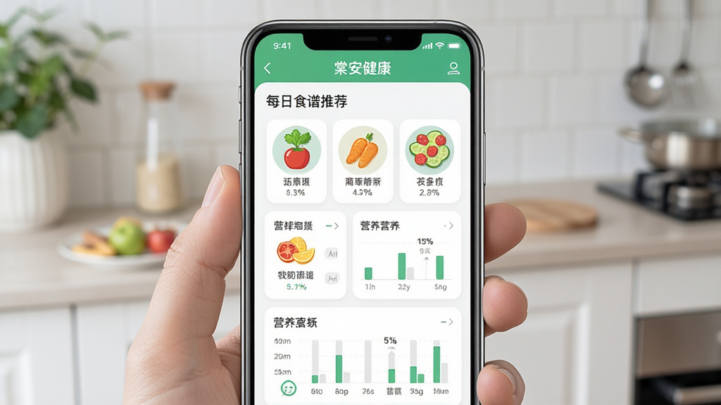 �ֻ���Ļ��ʾ�İ�����App��ÿ��ʳ���Ƽ�ҳ�棬����Ϊ�ֻ����棬���־��У��Ű����������Ϊ���½����磬ϸ�ڰ���ɫ�ʷḻ��ʳ��ͼ���Ӫ������ͼ�������ʸ��壬�ɾ����޶���Ԫ��