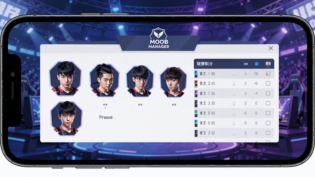 手机屏幕显示MOBA Manager游戏主界面,画面中央是电竞俱乐部管理面板,左侧五名选手头像排列,右侧显示联赛积分榜,背景是电竞场馆风格,蓝紫色调,扁平化UI设计,画面干净整洁,高清画质,无多余元素
