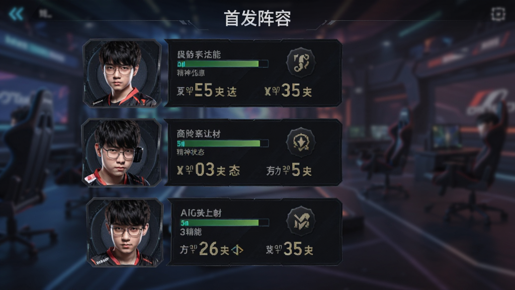 MOBA Manager游戏角色界面,五名电竞选手卡片纵向排列,每张卡片显示头像、体能条、精神状态图标和战力数值,卡片风格为深色科技感,背景虚化处理,画面清晰,文字标注“首发阵容”,高清画质,干净无多余元素