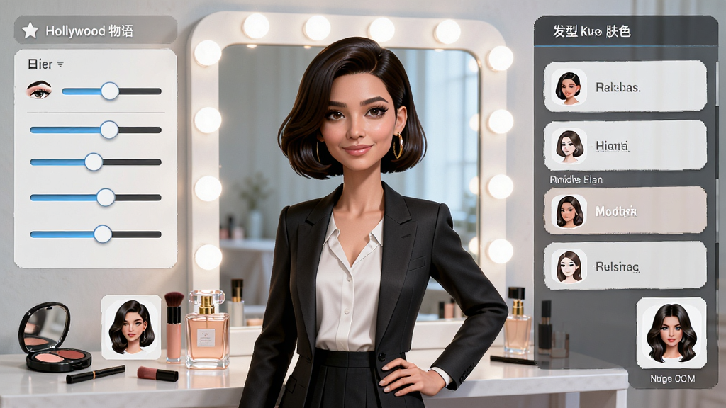 ����������ʱ��������Ϸ��ɫ���ƽ��棬����ΪһλŮ�����ǽ�ɫվ�ڻ�ױ��ǰ���������Ϊ��ٵ��������Ҳ�Ϊ���ͷ�ɫѡ��Ű������ϷUI����񣬷��Ϊ�ִ�ʱ�����£�ϸ�ڰ�����ױƷ����ˮƿ������Ԥ��Сͼ�����ʸ��壬�ɾ����޶���Ԫ��