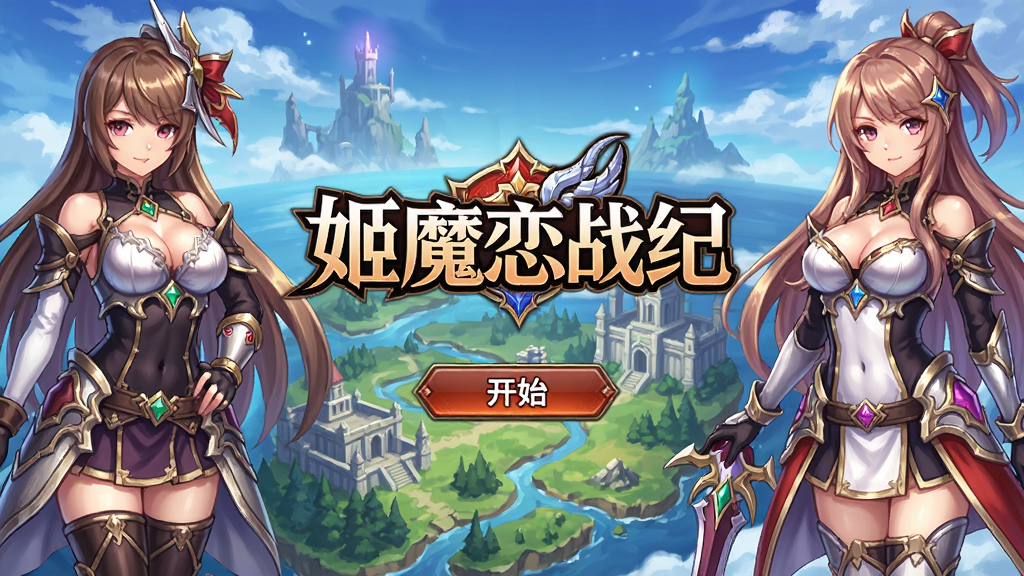 姬魔恋战纪游戏主界面,主体为幻想大陆背景与多位二次元美少女战姬角色,布局中央为游戏Logo与开始按钮,排版清晰,风格为日系二次元galgame画风,细节包含角色服饰纹理与场景光影,画质高清干净无多余元素