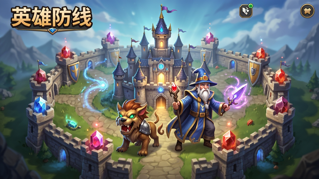 游戏名称“英雄防线”,主体为魔法师城主与战宠并肩作战,布局为中央城堡与四周防线,排版为游戏界面风格,风格为魔幻史诗,细节包括宝石光芒与法术特效,画质高清,干净,无多余元素