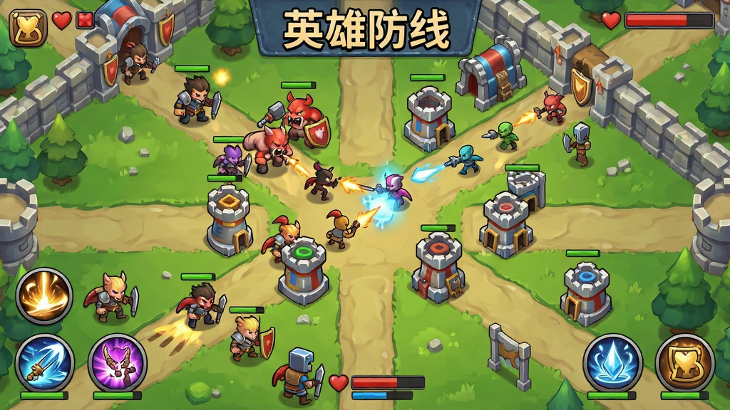游戏名称“英雄防线”,主体为塔防战斗场景,布局为多路径敌人进攻与防御塔排列,排版为俯视视角,风格为魔幻卡通,细节包括技能图标与血条,画质清晰,干净,无多余元素
