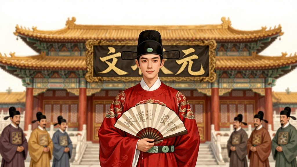 古风宫廷场景,一位身穿状元红袍的年轻男子站在金銮殿前,手持折扇,背景是雕梁画栋的宫殿与文武百官,画面中央有