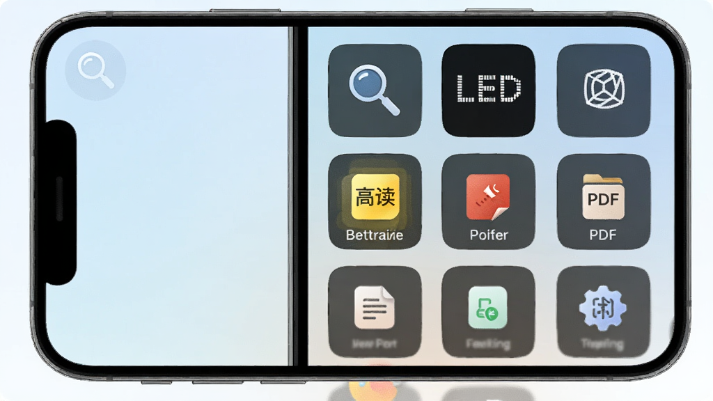 �����Ŵ�APP���������չʾ���ֻ���Ļ��ʾ�������ͼ���������У������Ŵ󾵡�LED��Ļ�������Ķ���PDF���ߵȣ�����Ϊǳɫ���䣬���������ִ��������������ɾ��޶���Ԫ��