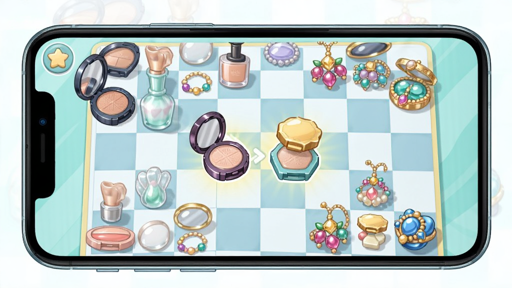 手机屏幕显示合并时尚游戏界面,棋盘上摆放着化妆品和珠宝等物品,两个相同物品正在合并,画面明亮清新,风格卡通精致,细节丰富,画质清晰干净无多余元素