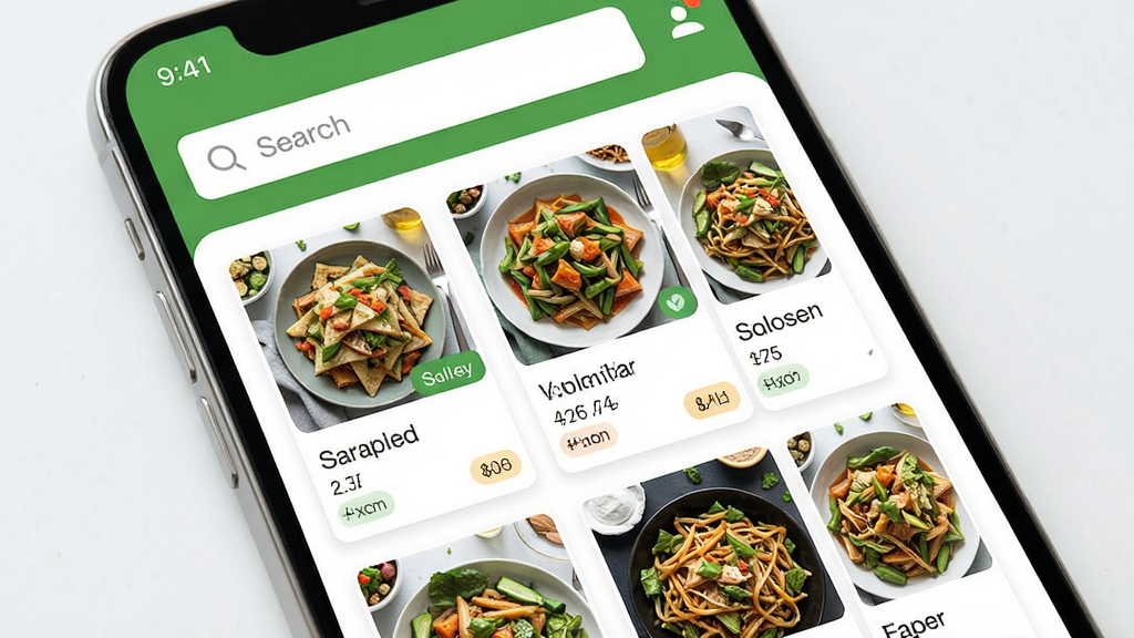 ��̼ʳ��Ӧ�ý���չʾͼ������Ϊ�ֻ���Ļ��ʾ��̼ʳ��APP��ʳ���б�ҳ������Ϊ���½ṹ�����������в���Ƭʽʳ��չʾ���Ű��������������Ϊ���½�����ɫ����ϸ�ڰ���ʳ������ͼ��������������ǩ�����ʸ���ɾ��޶���Ԫ��
