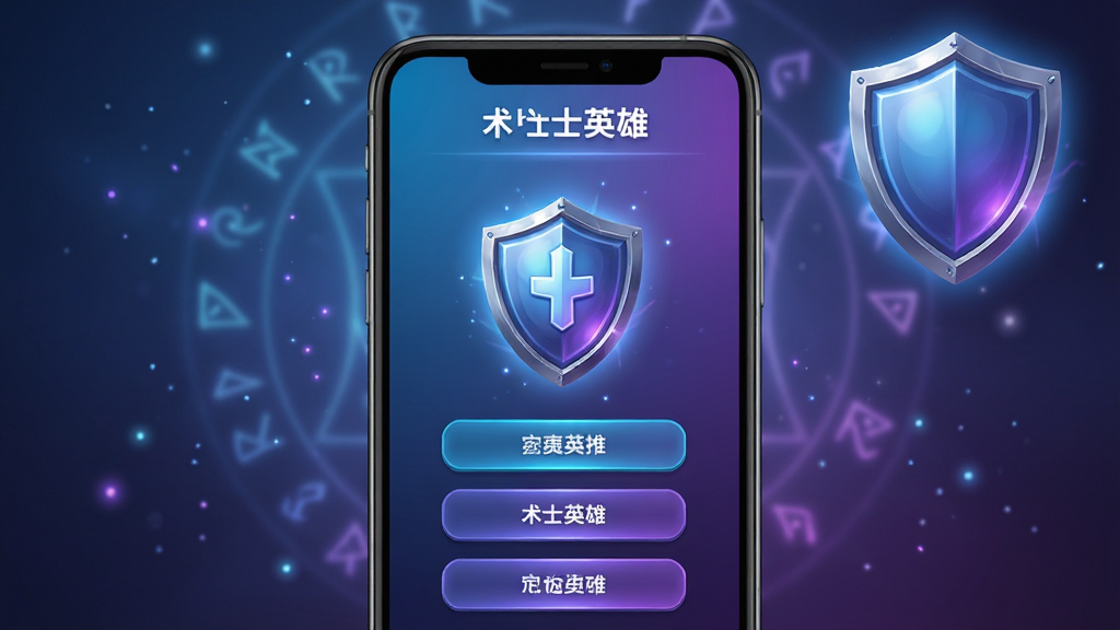 ��ʿӢ�۰�ȫ���н��棬����Ϊ�ֻ���Ļ��ʾ��Ϸ���˵��밲ȫ����ͼ�꣬����Ϊ�ֻ����С�����λ�����Ͻǣ��Ű��࣬���Ϊ�Ƽ�����ħ���Ͻ��䣬ϸ�ڰ������Ʒ��⡢�˵���ť������������΢���������ӣ����ʸ��壬�ɾ����޶���Ԫ��