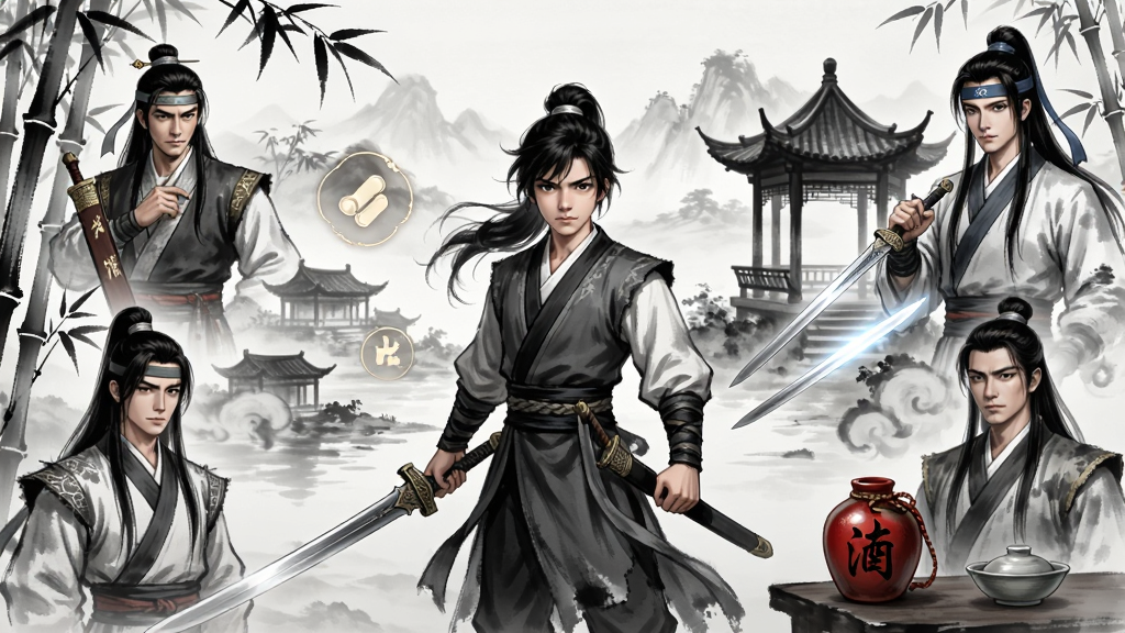 古龙群侠录福利微端游戏主界面,主体为古风武侠场景,布局为中央展示少年侠客角色,四周环绕经典古龙小说人物如李寻欢、楚留香等,排版采用游戏UI风格,风格为唯美中国水墨武侠风,细节包括竹林、古亭、剑光、酒壶等元素,画质高清,干净,无多余元素