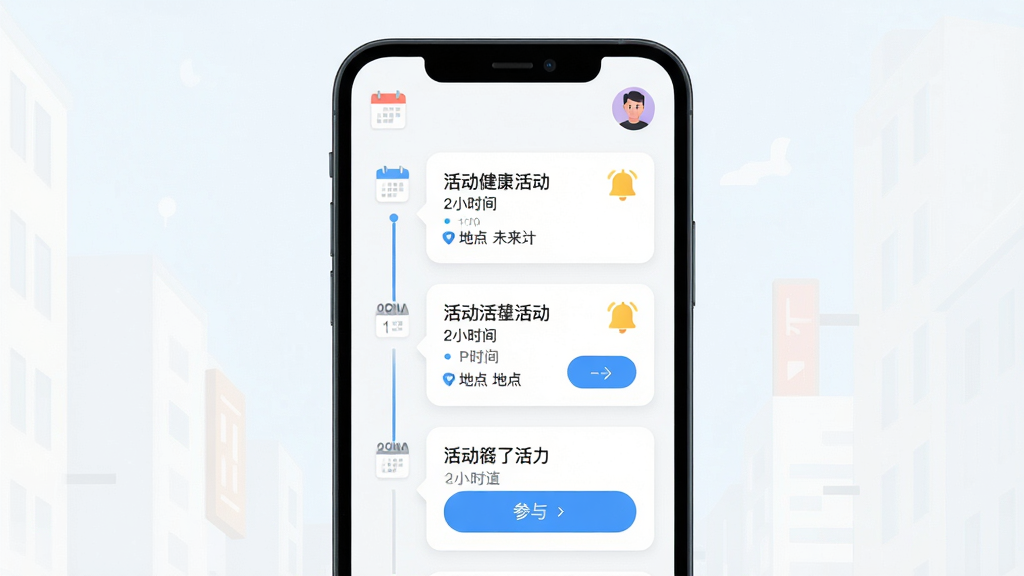 今日街头APP未来预告功能界面,主体为手机屏幕显示未来时间轴与活动卡片,布局为纵向时间线,卡片包含活动标题、时间、地点、参与按钮,排版清爽,风格为明亮轻快扁平风,细节包括日历图标、提醒铃铛、用户头像,画质高清,干净,无多余元素