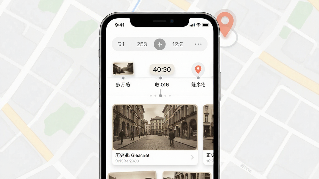 今日街头APP界面展示,主体为手机屏幕中显示老照片时间轴与地图标注,布局采用上下分栏,上方为时间选择器,下方为历史影像卡片流,排版简洁清晰,风格为现代简约扁平化,细节包括复古色调照片、时间标签、定位图标,画质高清,干净,无多余元素