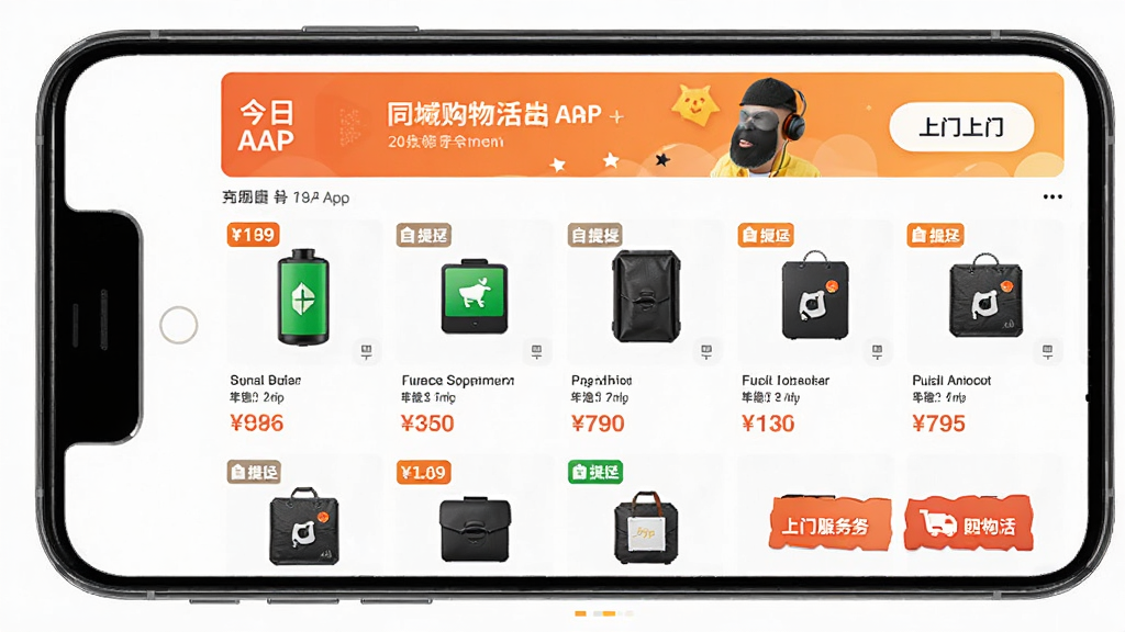 今日街头APP同城购物界面,主体为手机屏幕显示电池商品与团购活动,布局为网格商品列表加顶部横幅,排版整齐,风格为电商促销风,细节包括价格标签、自提图标、上门服务按钮,画质高清,干净,无多余元素
