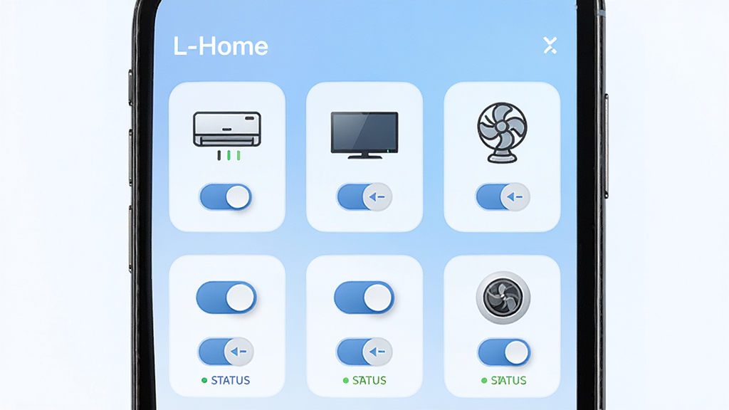 L-Home�ҵ�ģ�����չʾ���ֻ���Ļ�������ſյ������ӡ����ȵȼҵ�ͼ�꣬ÿ��ͼ���·��п��ذ�ť��״ָ̬ʾ������Ϊ��ͽ����������ֹ��������Ƽ���Լ�����������ɾ�