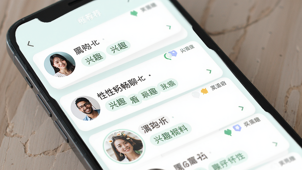 ���Գ���ƥ���Ƽ�ҳ�棬�ֻ���Ļչʾ�û���Ƭ�б�������ͷ���ǳơ���Ȥ��ǩ���������룬����ǳɫ���ϸ�����������ʸ��壬�ɾ����޶���Ԫ��