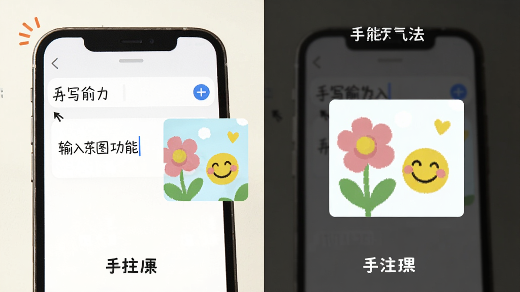 手写输入法自动配图功能示意图,画面展示手机屏幕中文字输入框旁边自动生成了一张带有花朵和笑脸的配图,布局为分屏展示输入前后效果,风格清新活泼,细节突出生成图片的趣味性,画质清晰,干净无多余元素